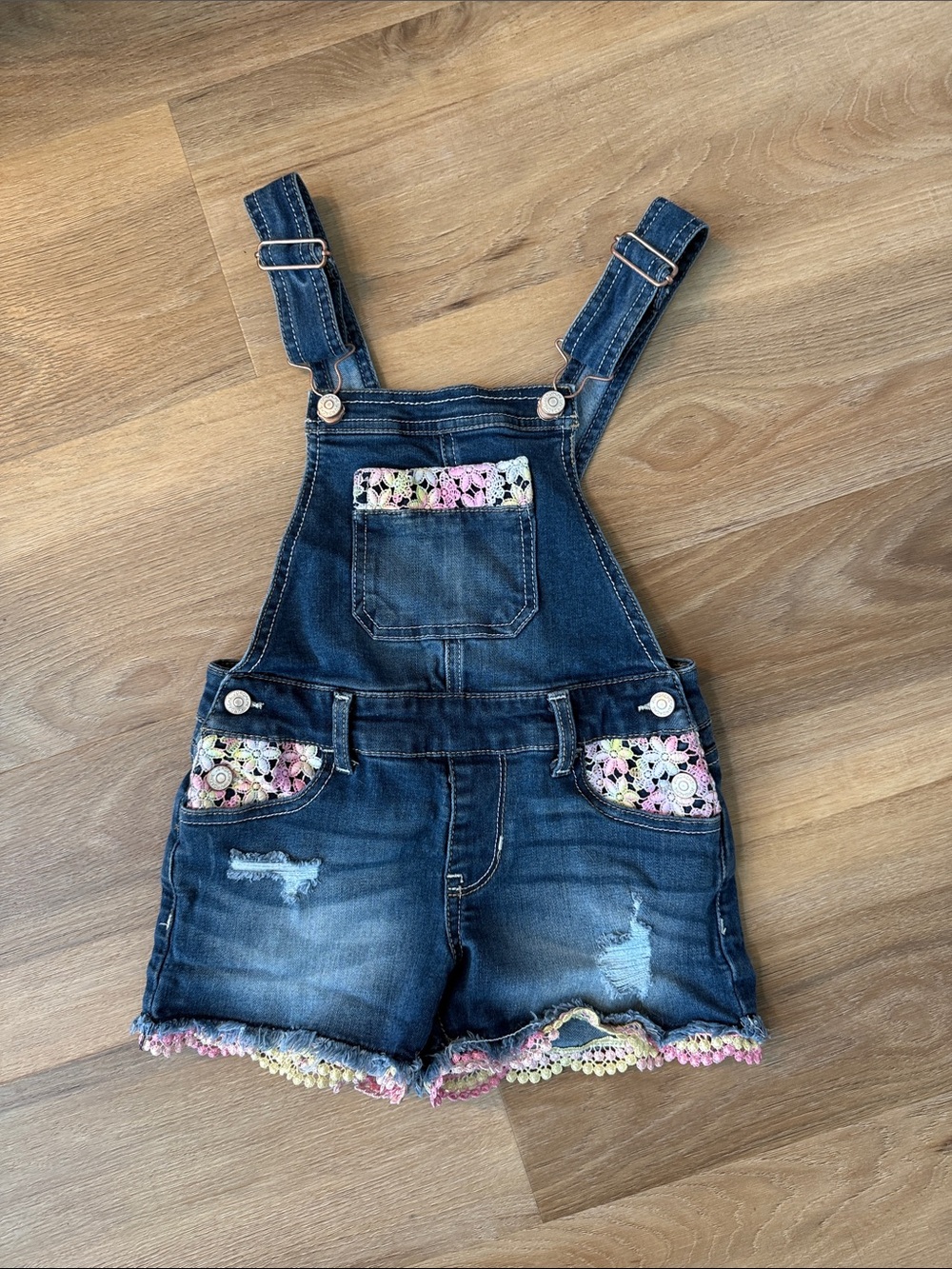 Girls' Denim Short Overalls with Lace Floral Trim